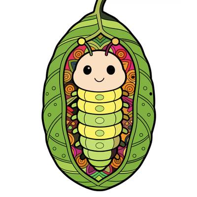 Colored version: Cute caterpillar in an open cocoon