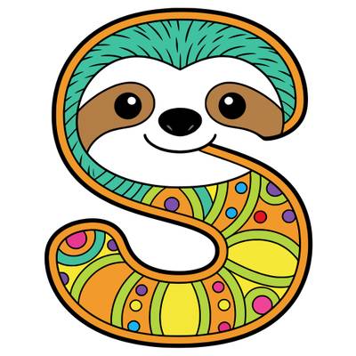 Colored version: Smiling sloth on a big letter S