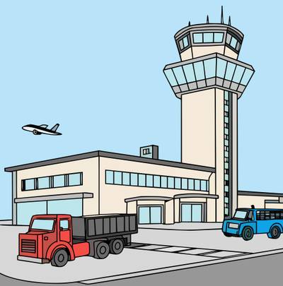 Ingekleurde versie: Luchthaven met verkeerstoren en servicewagens
