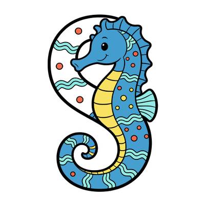 Colored version: Cute smiling seahorse in a big letter S