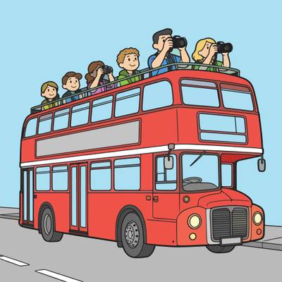 Versão colorida: Ônibus de dois andares com turistas