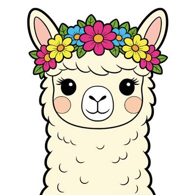 Colored version: Cute alpaca with a flower crown