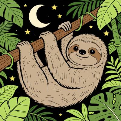 Colored version: Cute sloth under the moon
