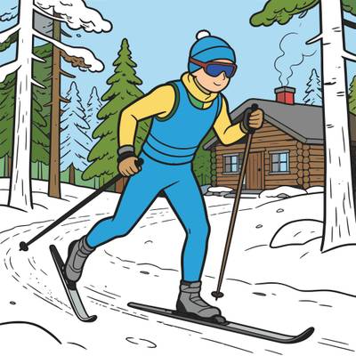Versão colorida: Esquiador finlandês perto da cabana