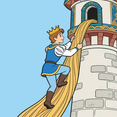 Colored version: Cartoon prince climbs Rapunzel’s hair