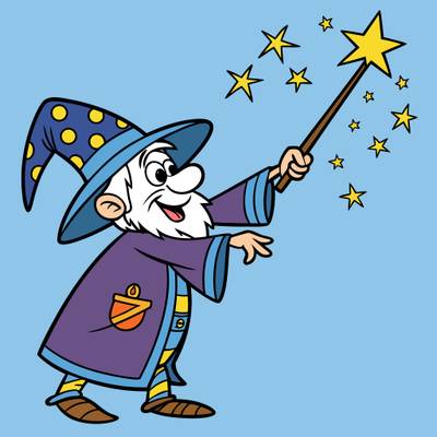 Ingekleurde versie: Tovenaar met toverstaf en sterren