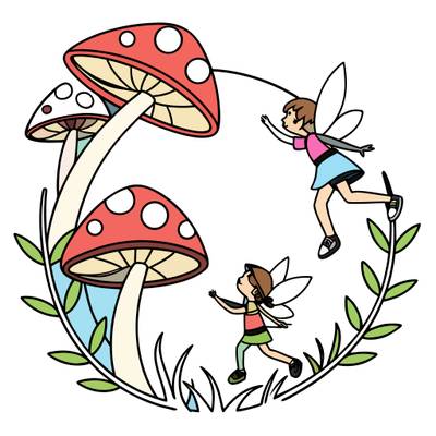 Colored version: Cute fairies dancing by mushrooms