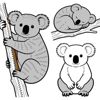 Colored version: Three koalas climbing and sleeping