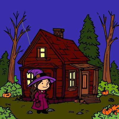 Ausgemalte Version: Hexe vor ihrem Haus