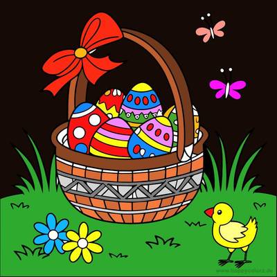 Ausgemalte Version: Osterkorb mit verzierten Eiern