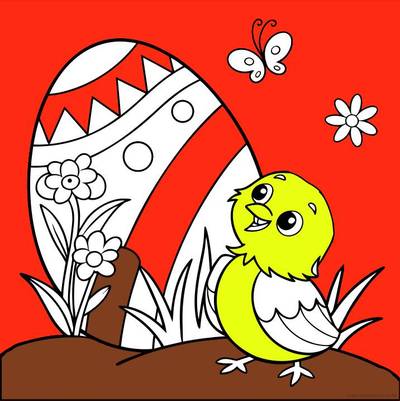 Ausgemalte Version: Szene mit Osterei und Küken