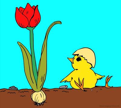 Ausgemalte Version: Küken mit Blume