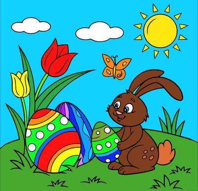 Ausgemalte Version: Osterhase mit verzierten Eiern