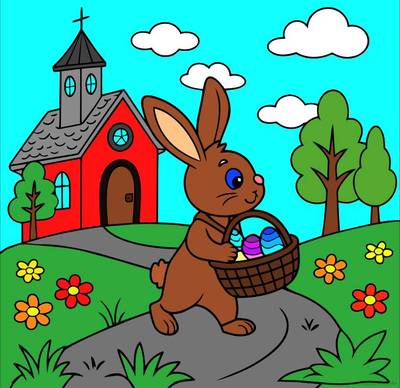 Ausgemalte Version: Osterhase mit Eierkorb