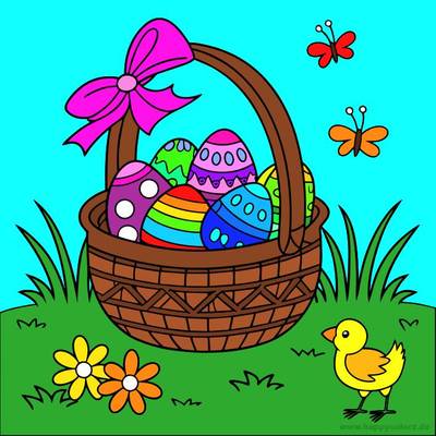 Ausgemalte Version: Osterkorb mit verzierten Eiern