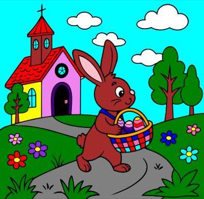 Ausgemalte Version: Osterhase mit Eierkorb