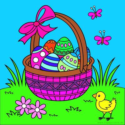 Ausgemalte Version: Osterkorb mit verzierten Eiern