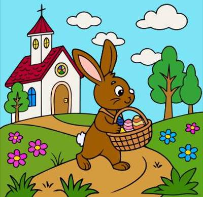 Ausgemalte Version: Osterhase mit Eierkorb