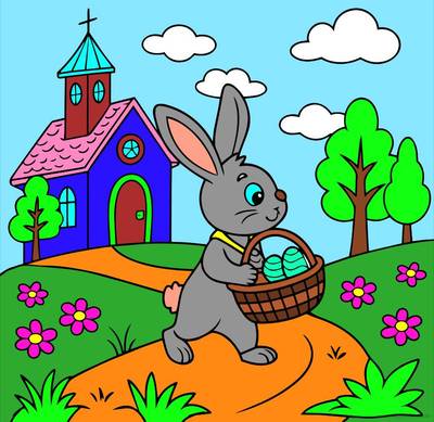 Ausgemalte Version: Osterhase mit Eierkorb