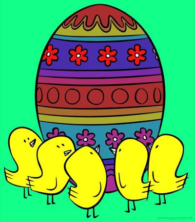 Versão colorida: Desenho de pintinhos com ovo de Páscoa