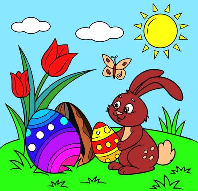 Ausgemalte Version: Osterhase mit verzierten Eiern