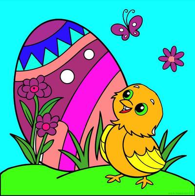 Ausgemalte Version: Szene mit Osterei und Küken