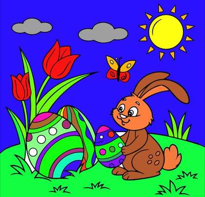 Ausgemalte Version: Osterhase mit verzierten Eiern