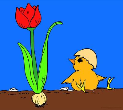 Ausgemalte Version: Küken mit Blume