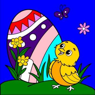 Ausgemalte Version: Szene mit Osterei und Küken