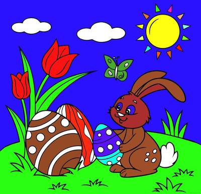 Ausgemalte Version: Osterhase mit verzierten Eiern