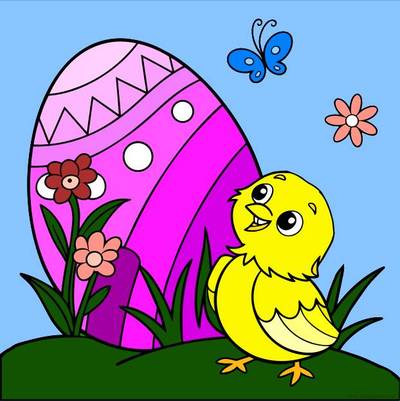 Ausgemalte Version: Szene mit Osterei und Küken