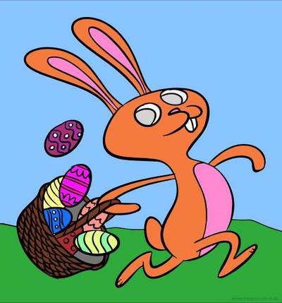 Väritetty versio: Pääsiäispupu korin ja munien kanssa – tulostettava värityssivu