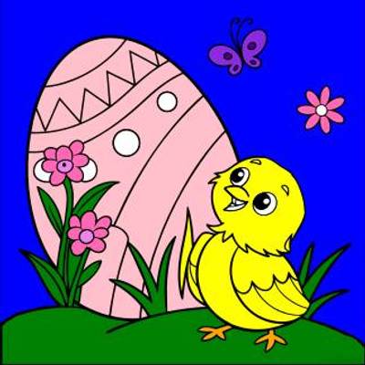 Ausgemalte Version: Szene mit Osterei und Küken