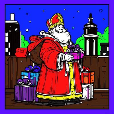 Version coloriée : Saint Nicolas offrant des cadeaux
