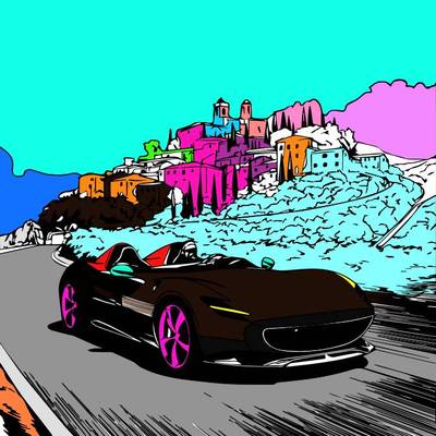 Färglagd version: Sportbil på en naturskön tur