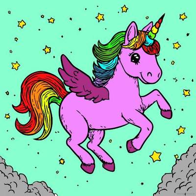 Ausgemalte Version: Einhorn im sternenklaren Himmel