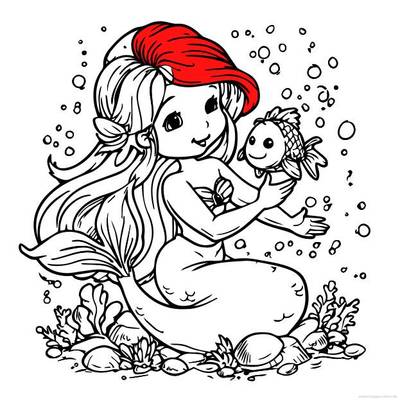 Ausgemalte Version: Unterwasserszene mit Meerjungfrau und Fisch