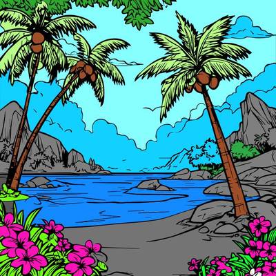 Ausgemalte Version: Tropischer Strand