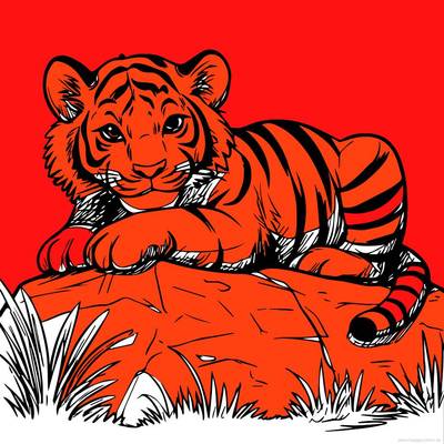 Farvelagt version: Legesødt tiger på en sten