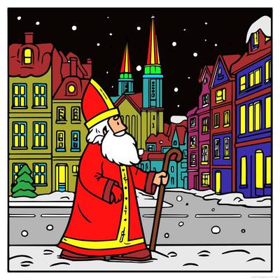 Version coloriée : Ville d’hiver avec Saint Nicolas