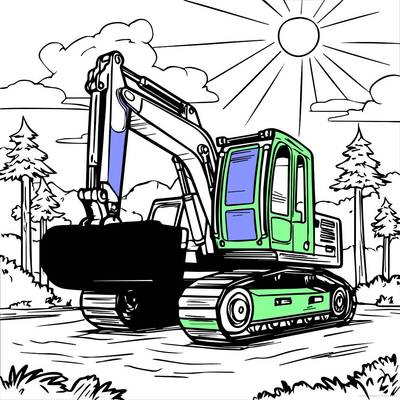 Ingekleurde versie: Graafmachine in een zonnig landschap