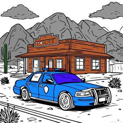 Fargelagt versjon: Scene med politistasjon og bil