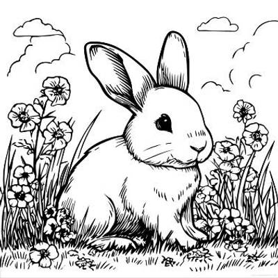 Version coloriée : Lapin dans un champ de fleurs
