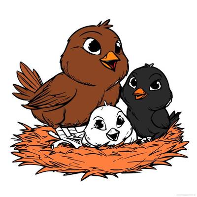 Ausgemalte Version: Vogelfamilie in einem gemütlichen Nest