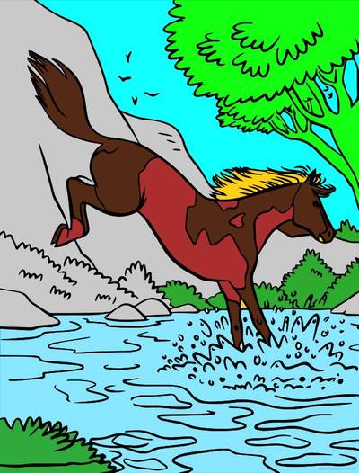 Ausgemalte Version: Pferd am Fluss