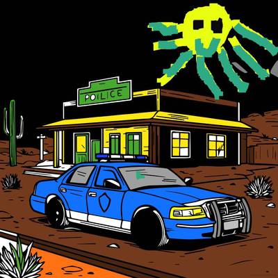 Fargelagt versjon: Scene med politistasjon og bil