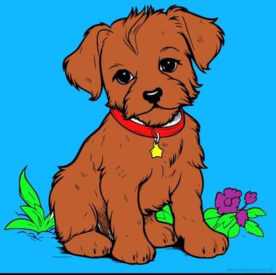 Ausgemalte Version: Süßes Hündchen mit Blume