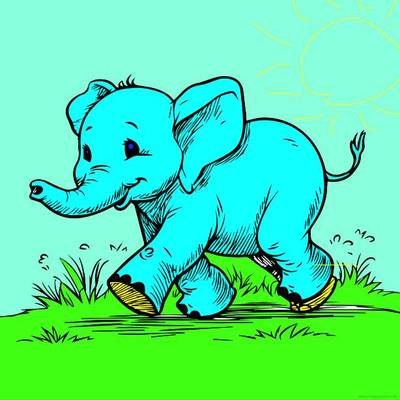 Ausgemalte Version: Cartoon Elefant im Gras