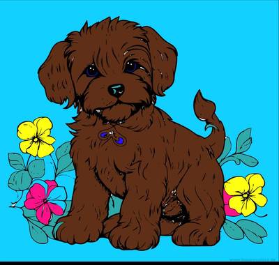 Väritetty versio: Söpö pentu kukkien kanssa.