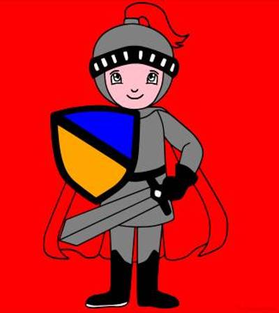 Färglagd version: Leende riddare med svärd, sköld och mantel